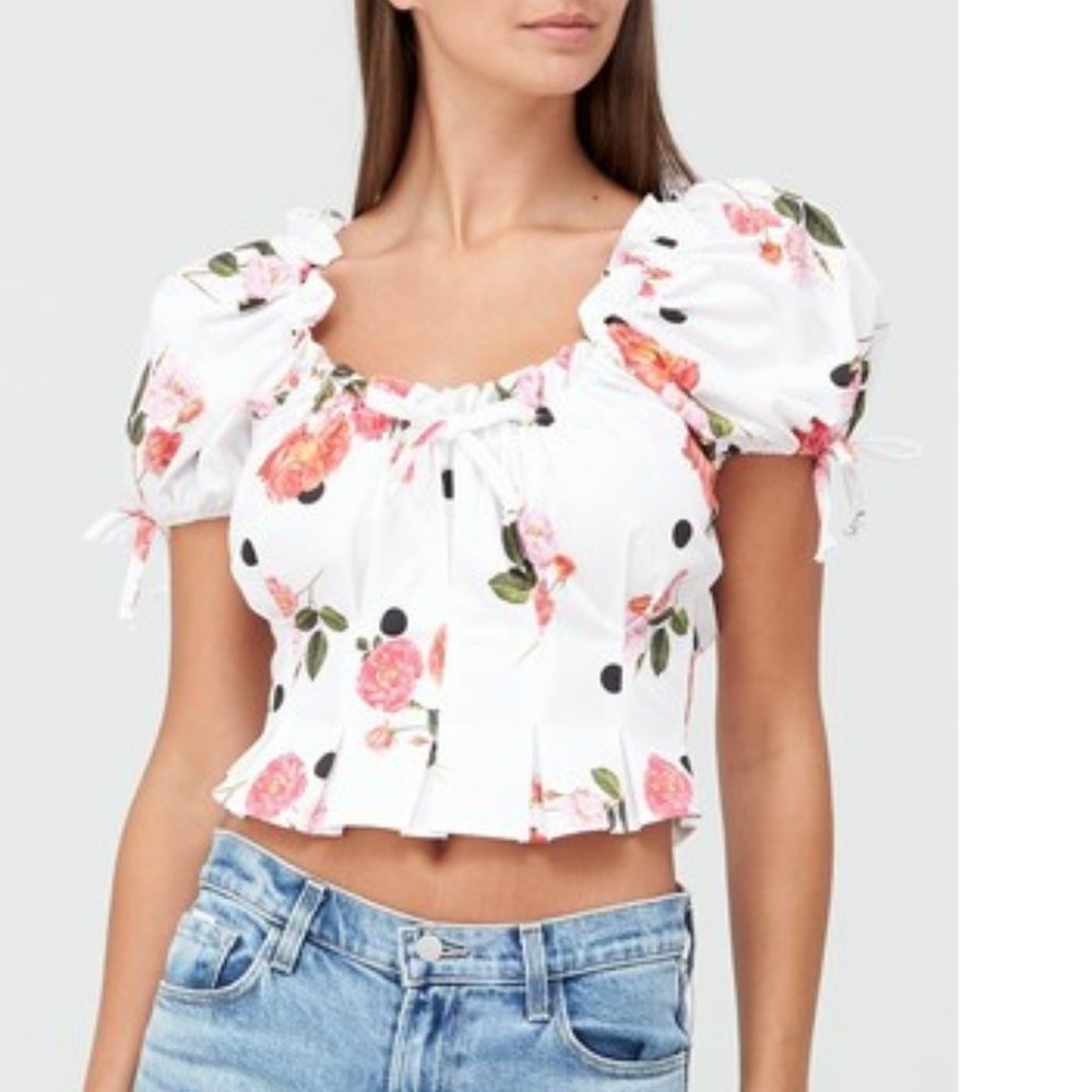 For Love & Lemons White Floral Puff Sleeve Crop Top